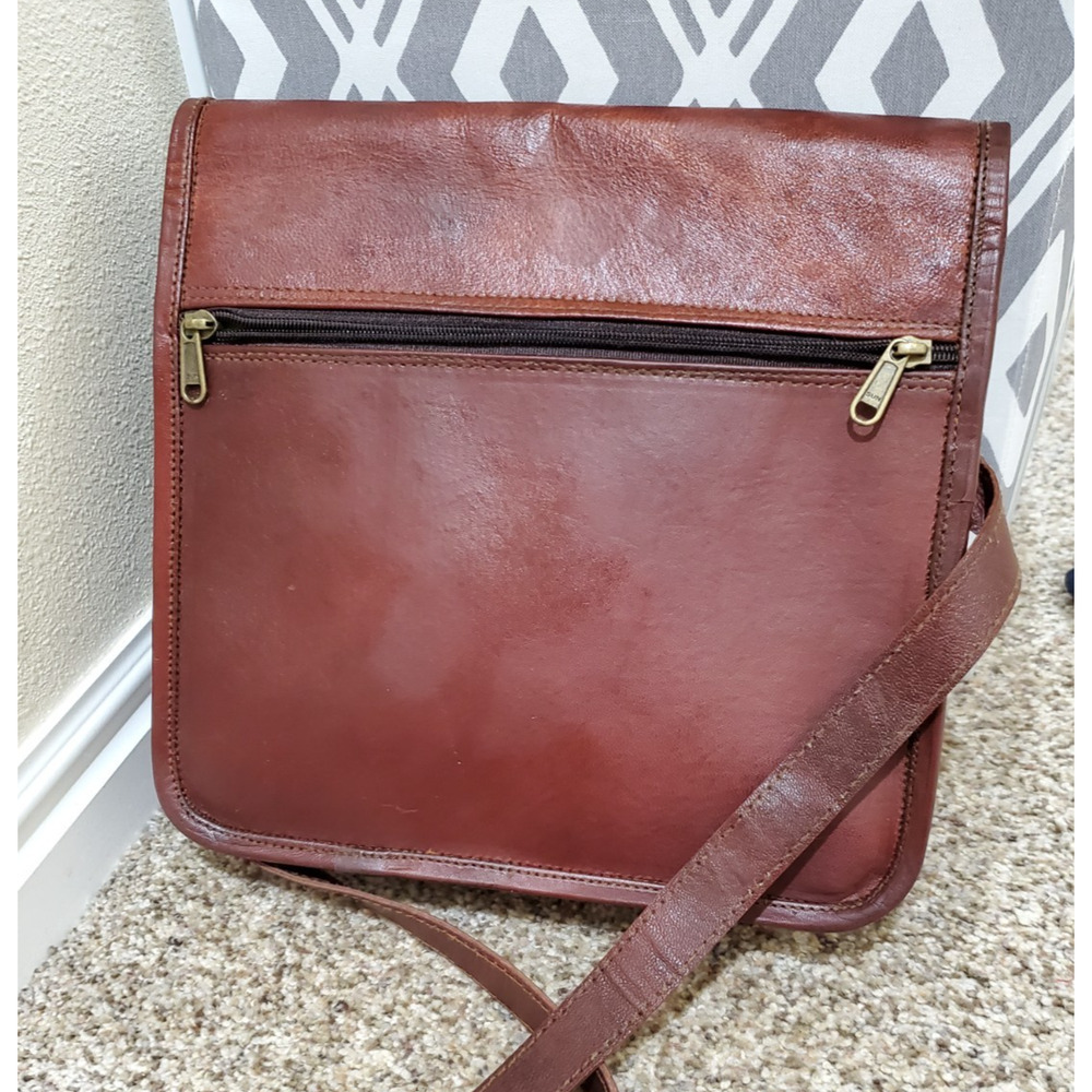 Vintage Brown Genuine Leather Crossbody Messenger Bag Canvas Lining - Picture 2 of 11